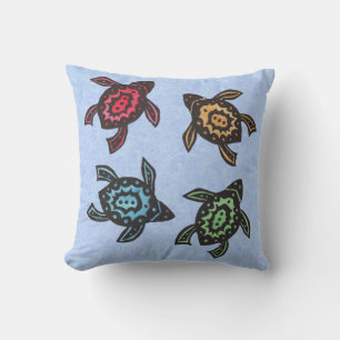 Four Festive Black Turtles Colored Shells on blue Throw Pillow