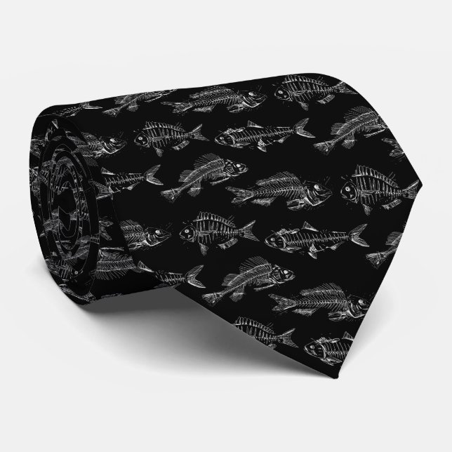 Four Fish Skeleton Pattern Neck Tie (Rolled)