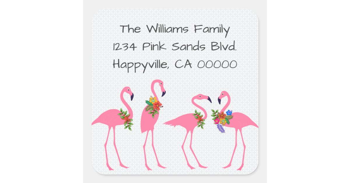 Four Flamingos Holiday Return Address Square Sticker | Zazzle