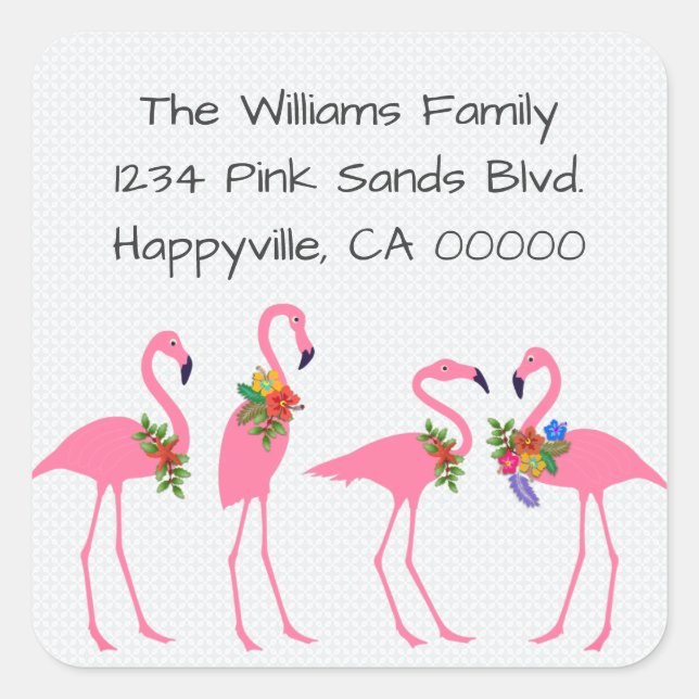 Four Flamingos Holiday Return Address Square Sticker (Front)