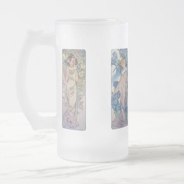 Four Flowers, Alphonse Mucha Frosted Glass Beer Mug (Left)