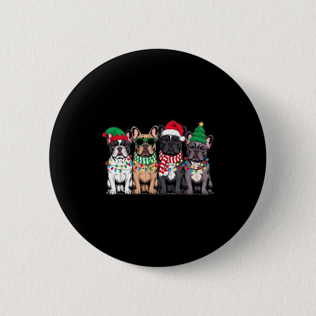 Four French Bulldog Dogs Christmas Funny Santa Rei Button (Front)