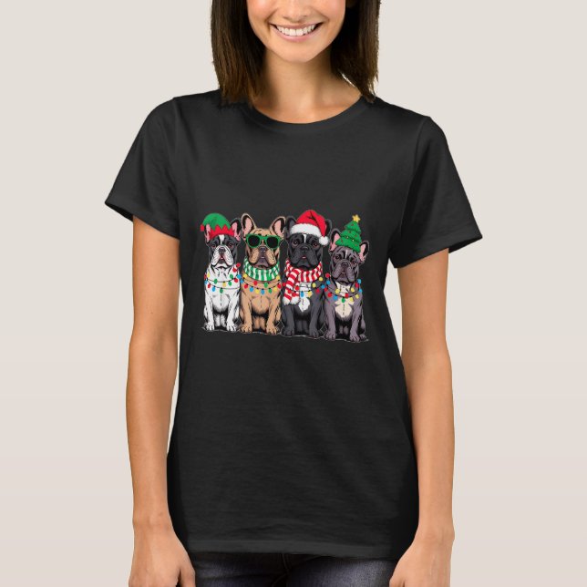 Four French Bulldog Dogs Christmas Funny Santa Rei T-Shirt (Front)