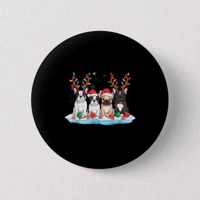 Four French Bulldog Dogs Christmas Light Reindeer  Button (Front)