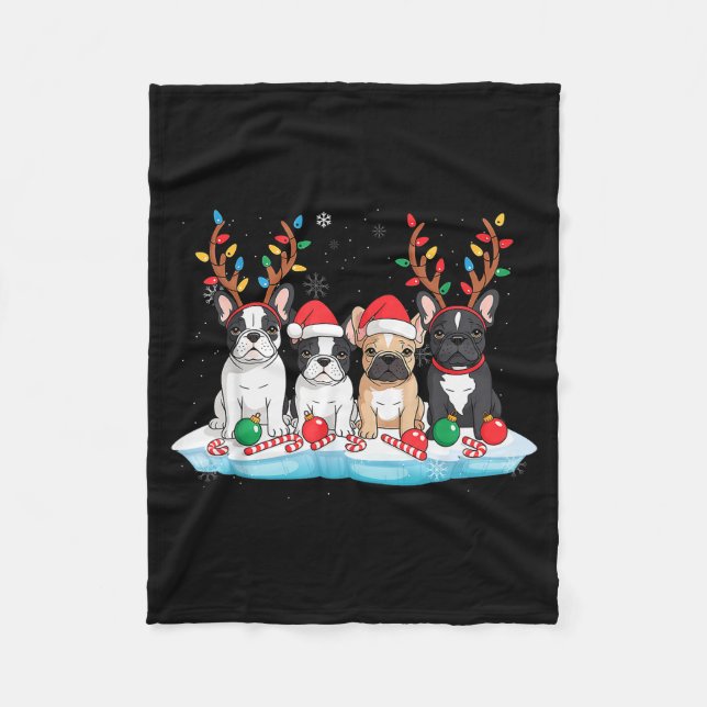 Four French Bulldog Dogs Christmas Light Reindeer  Fleece Blanket (Front)