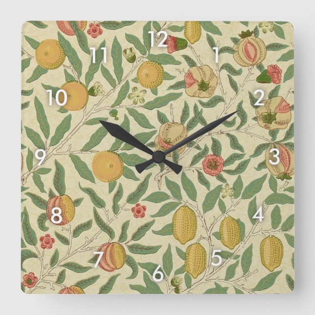 Four Fruit, William Morris Square Wall Clock (Front)