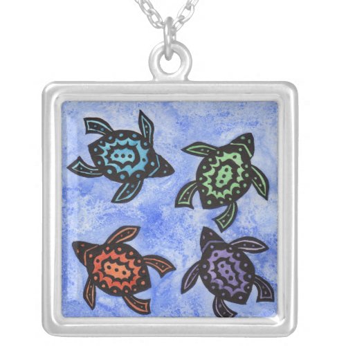 Four Fun Abstract Black Turtles Colored shells Silver Plated Necklace