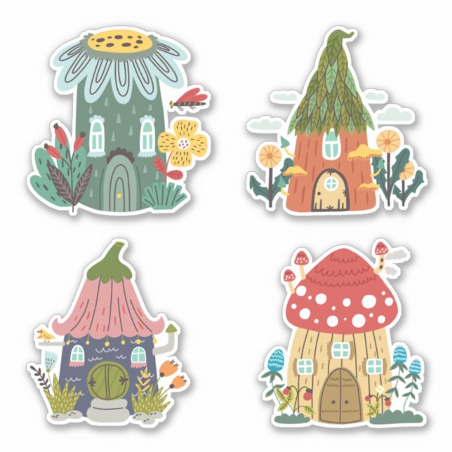 Four fun gnome home flowers mushrooms sticker (Front)