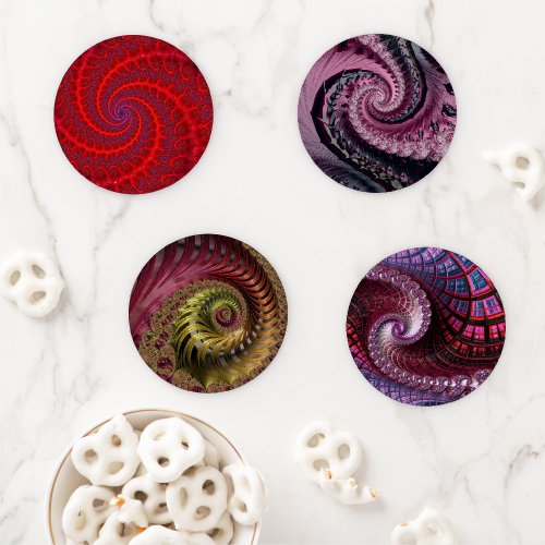 Four Funky Fractal Spirals in Red and Purple Coast Coaster Set