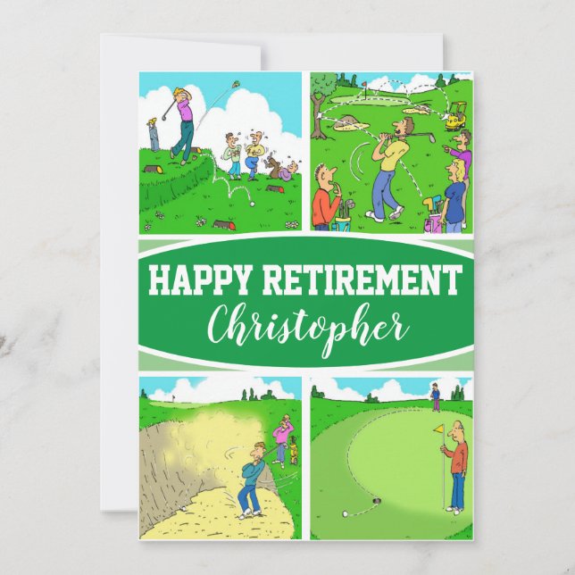Four Funny Golfer Cartoons on a Retirement Card (Front)