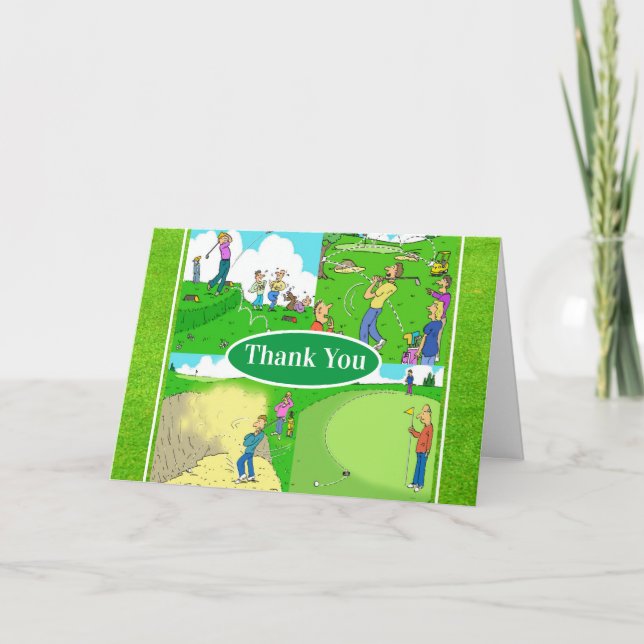 Four Funny Golfer Cartoons Thank You Card (Front)