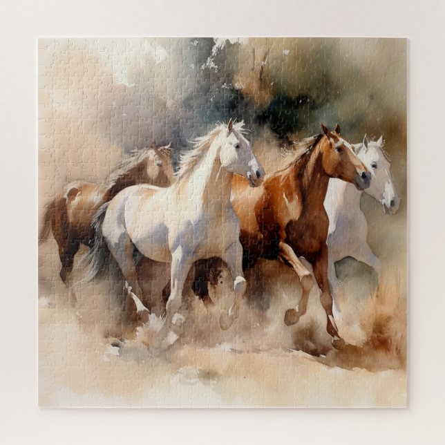 “Four Galloping Mustangs” Dusty Western Watercolor Jigsaw Puzzle (Vertical)