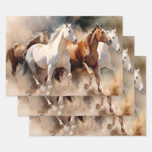 Four Galloping Mustangs Dusty Western Watercolor Wrapping Paper Sheets