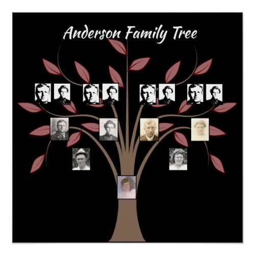 Four Generation Photo Family Tree Whispy Red Leaf  Poster