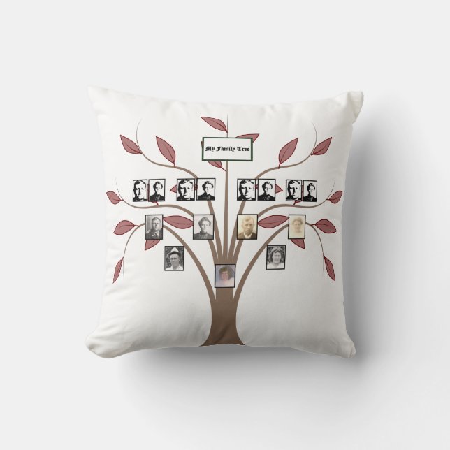 Four-Generation Photo Whispy Red Leaf Family Tree  Throw Pillow (Front)
