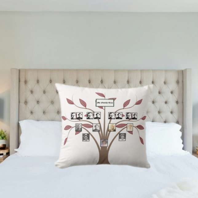 Four-Generation Photo Whispy Red Leaf Family Tree  Throw Pillow (Creator Uploaded)