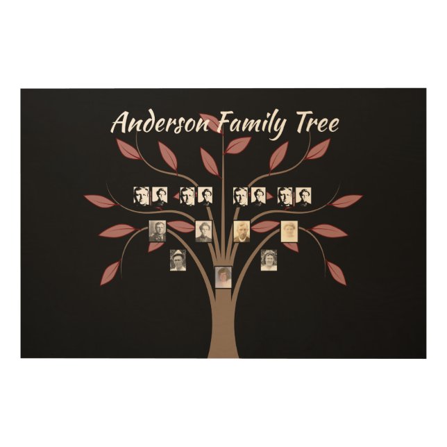 Four-Generation Whispy Red Leaf Family Tree Black  Wood Wall Art (Front)