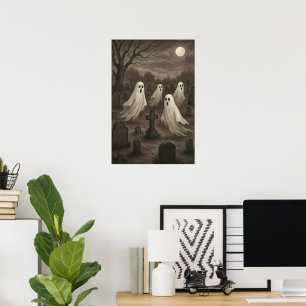 Four Ghosts Under the Full Moon in the Graveyard Poster