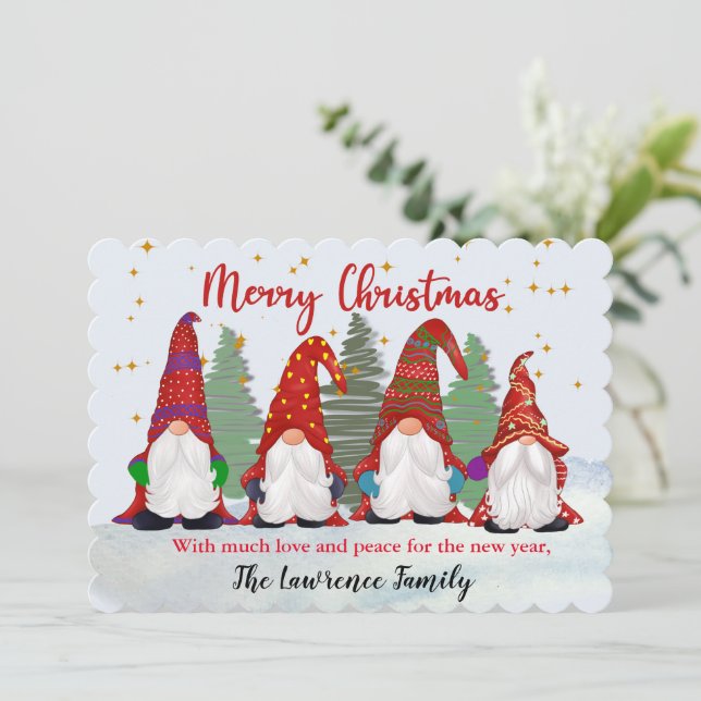 Four Gnomes in the Snow at Christmas Holiday Card (Standing Front)