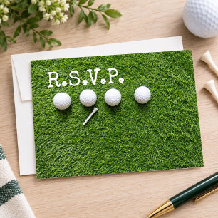 Four golf balls with tee R.S.V.P. on green Invitation