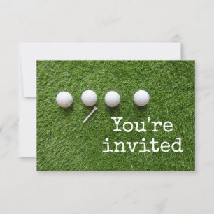 Four golf balls with tee R.S.V.P. on green Invitation