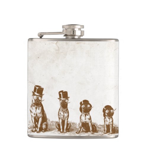 Four Grumpy Hipster Bull Dogs Vintage Sepia Art Hip Flask