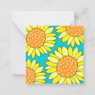 Four Hand Drawn Yellow Orange Aqua Sunflowers Note Card