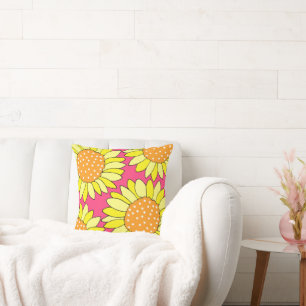 Four Hand Drawn Yellow Orange Pink Sunflowers Throw Pillow