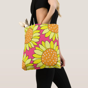 Four Hand Drawn Yellow Orange Pink Sunflowers Tote Bag