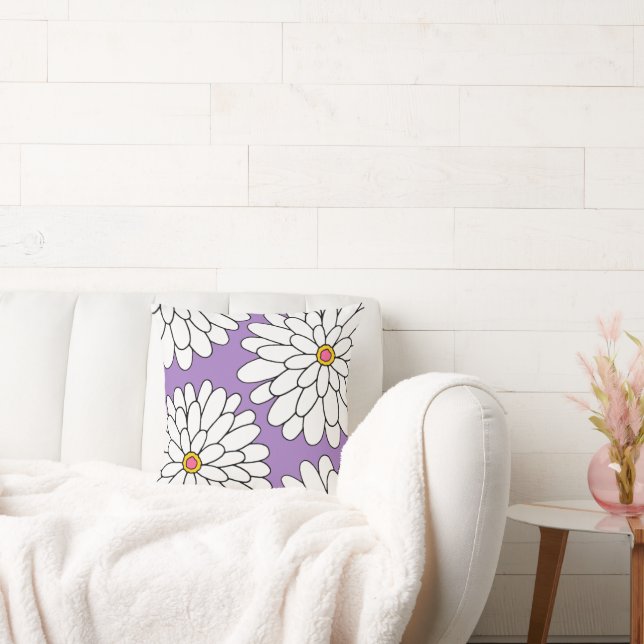 Four Hand Drawn Zinnias Lavender Background Throw Pillow (Couch)