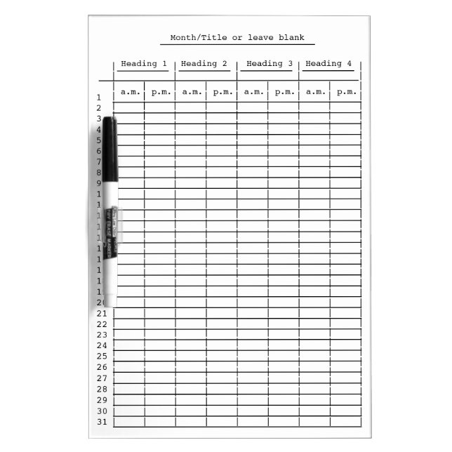 Four Heading Monthly Column Chart Dry Erase Boards (Front)