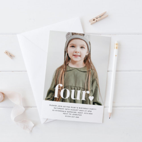 Four Heart Photo First Birthday Invitation 