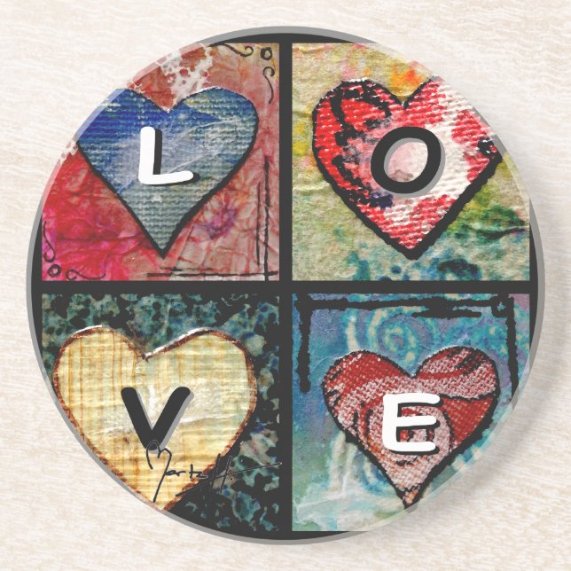 Four Hearts in Mixed Media - LOVE Sandstone Coaster (Front)