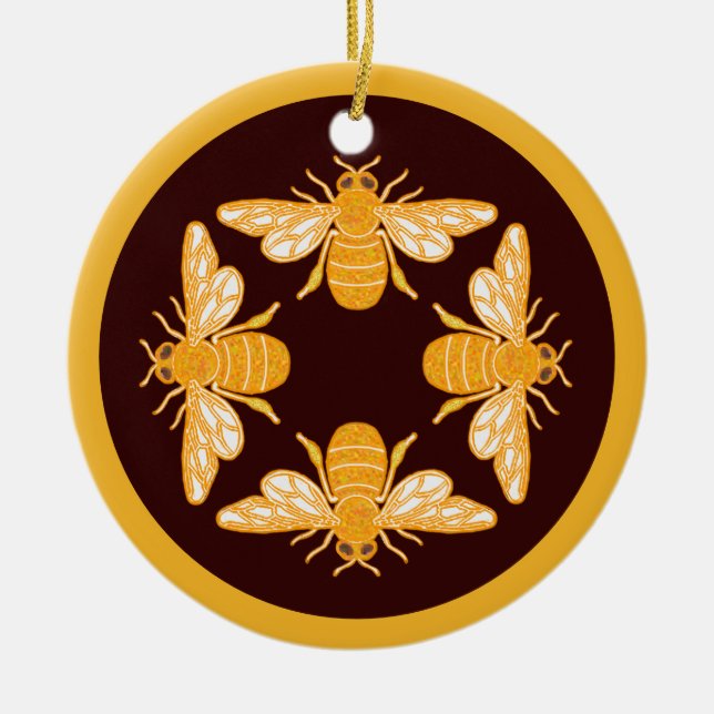 Four honey bees on pattern in circle ceramic ornament (Front)