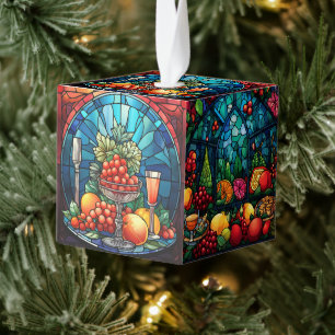 Four Image Stained Glass Christmas Cube Ornament