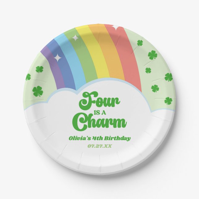 Four Is A Charm Rainbow 4th Birthday Party Paper Plates (Front)