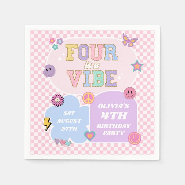 Four Is A Vibe Preppy Patch 4th Birthday Party Napkins (Front)
