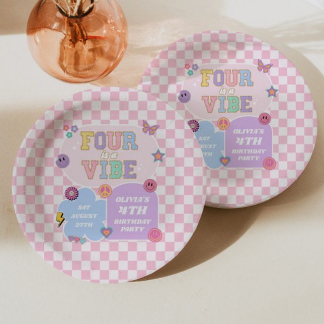 Four Is A Vibe Preppy Patch 4th Birthday Party Paper Plates (Creator Uploaded)