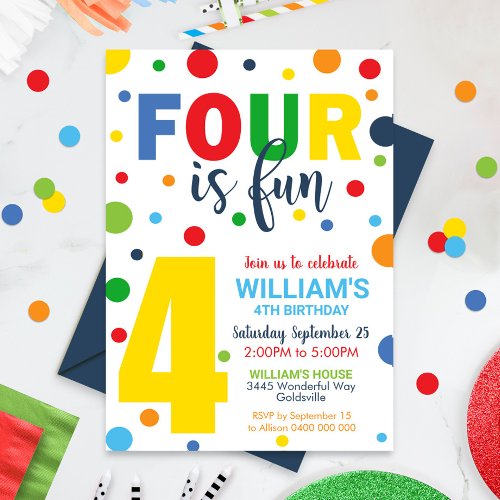 Four is Fun Birthday Invitation 4th Birthday