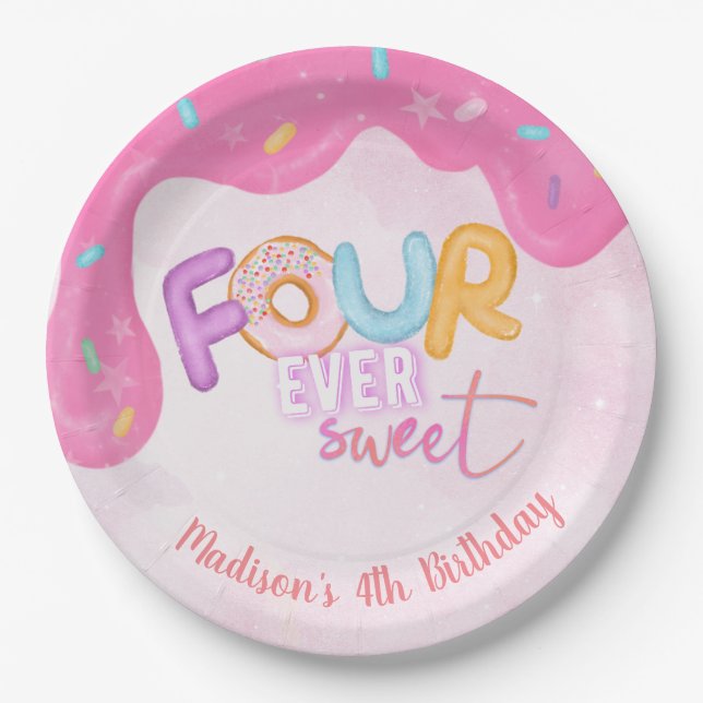 four is so sweet Pink Frosting Paper Plates (Front)
