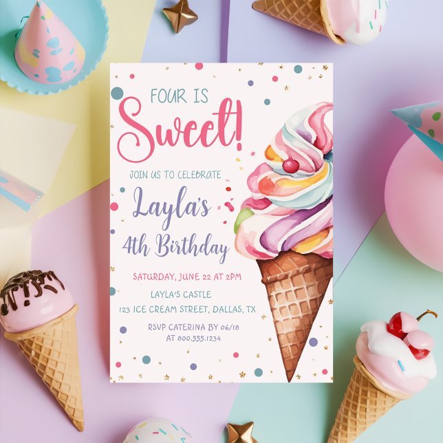 Four is Sweet Ice Cream 4th Birthday  Invitation (Creator Uploaded)