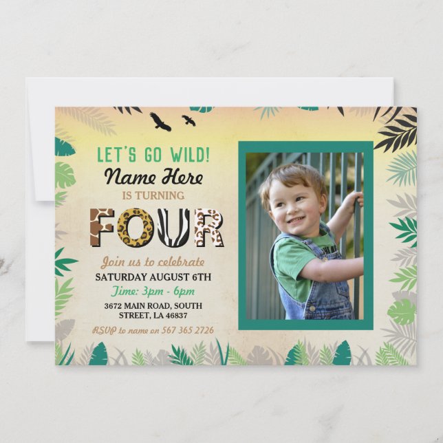 Four Jungle 4th Birthday Party Safari ZOO Photo Invitation (Front)