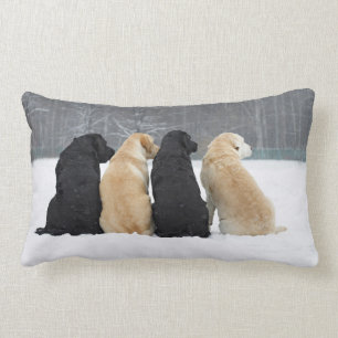 Four Labrador Dogs In Snow Lumbar Pillow