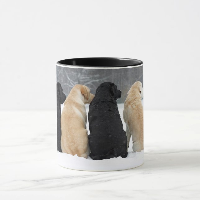 Four Labrador Dogs In Snow Mug (Center)