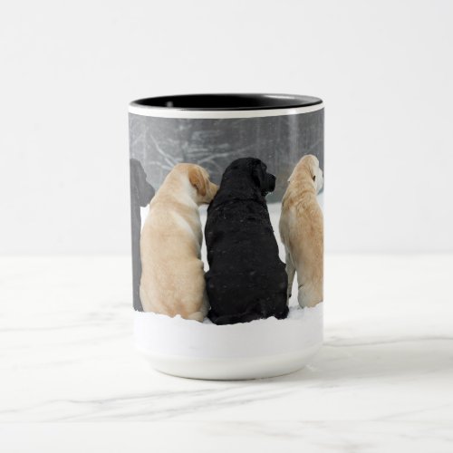 Four Labrador Dogs In Snow Mug