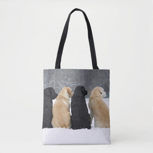 Four Labrador Dogs In Snow Tote Bag