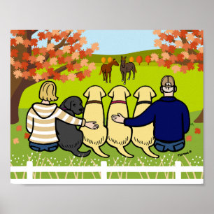 Four Labradors and Parents in autumn Poster