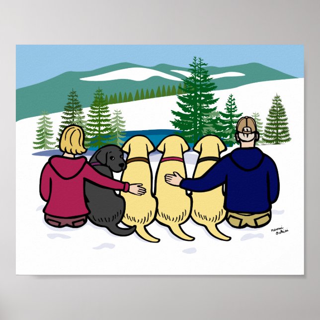 Four Labradors and Parents Winter View Poster (Front)