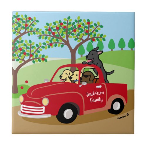 Four Labradors and Red Truck Family Ceramic Tile