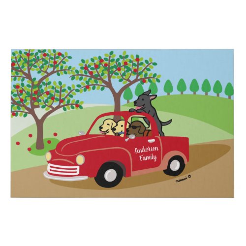 Four Labradors and Red Truck Family Faux Canvas Print